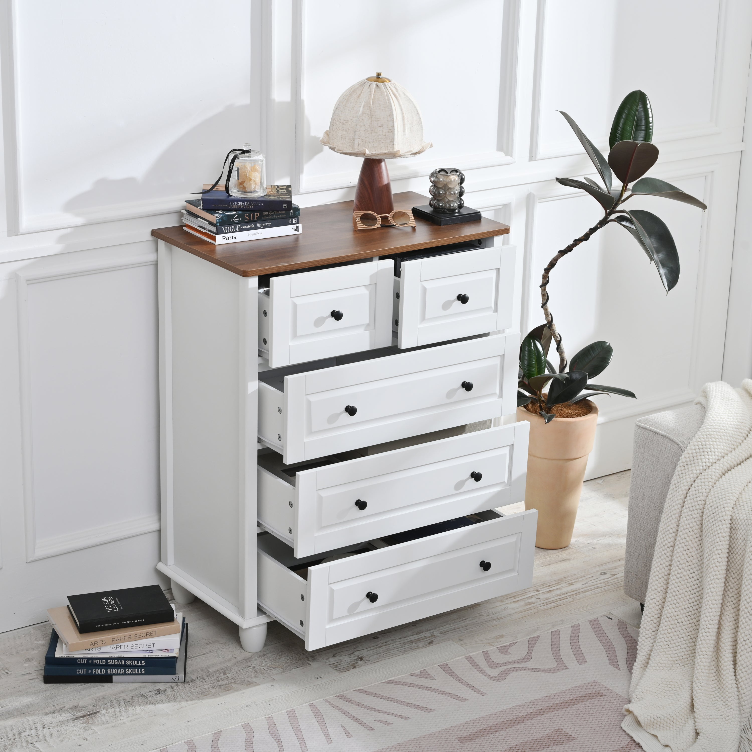 White Dresser with 5 Drawers, Tall Chest of Drawers, 5 Drawer Dresser with Deep Space, Wood Storage Cabinet for Living Room, Hallway, Office, White