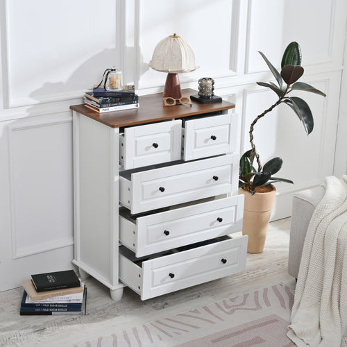 Classic Ivory White 5-Drawer Pine Wood Storage Dresser.