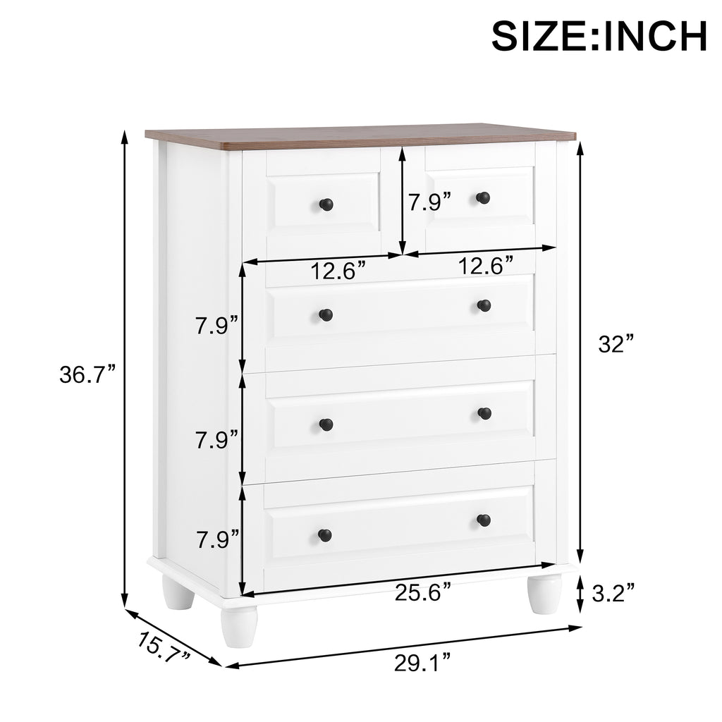White Dresser with 5 Drawers, Tall Chest of Drawers, 5 Drawer Dresser with Deep Space, Wood Storage Cabinet for Living Room, Hallway, Office, White