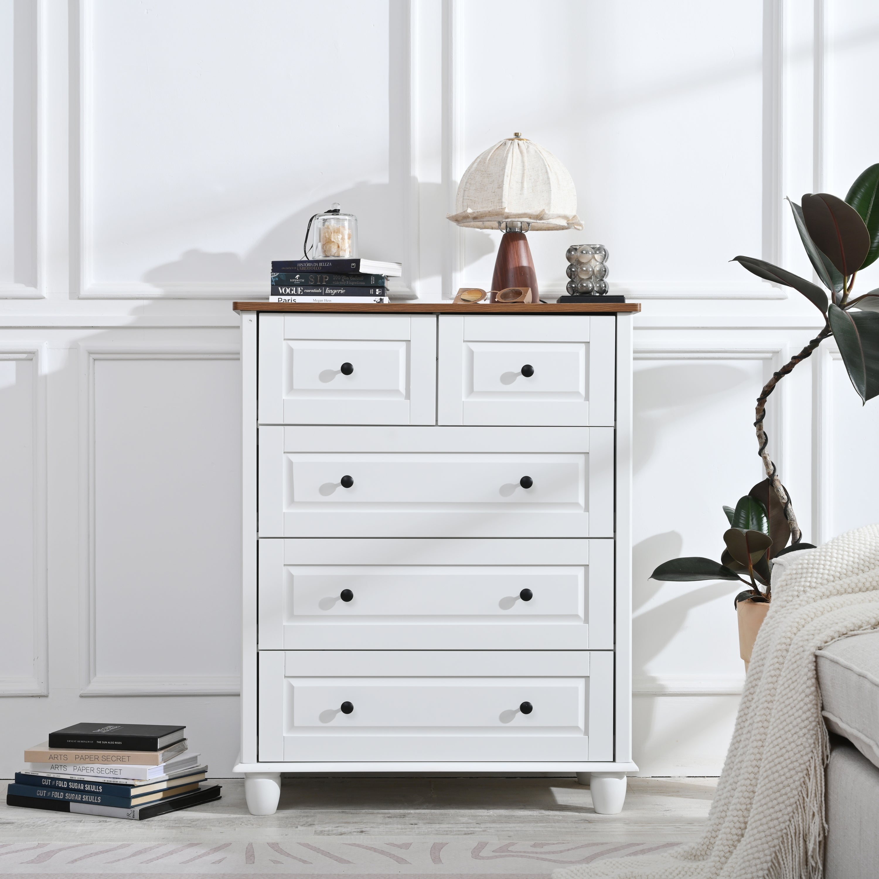 White Dresser with 5 Drawers, Tall Chest of Drawers, 5 Drawer Dresser with Deep Space, Wood Storage Cabinet for Living Room, Hallway, Office, White
