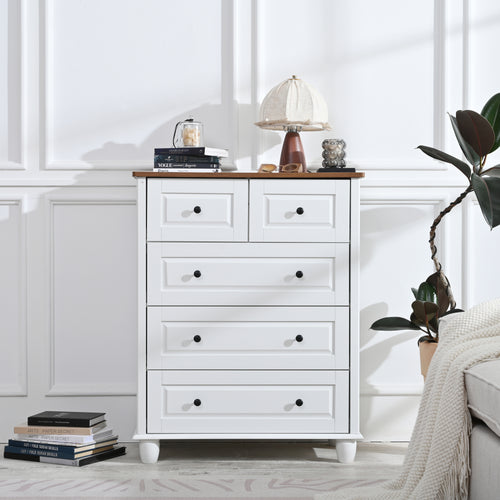 Classic Ivory White 5-Drawer Pine Wood Storage Dresser.
