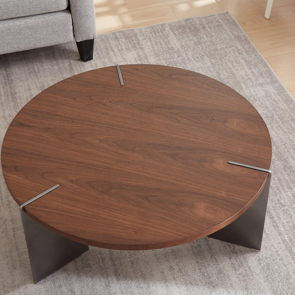 Classic Round Walnut Coffee Table with Black Metal Legs.