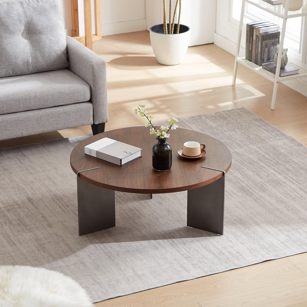 Classic Round Walnut Coffee Table with Black Metal Legs.