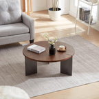 Classic Round Walnut Coffee Table with Black Metal Legs.