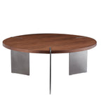 Classic Round Walnut Coffee Table with Black Metal Legs.