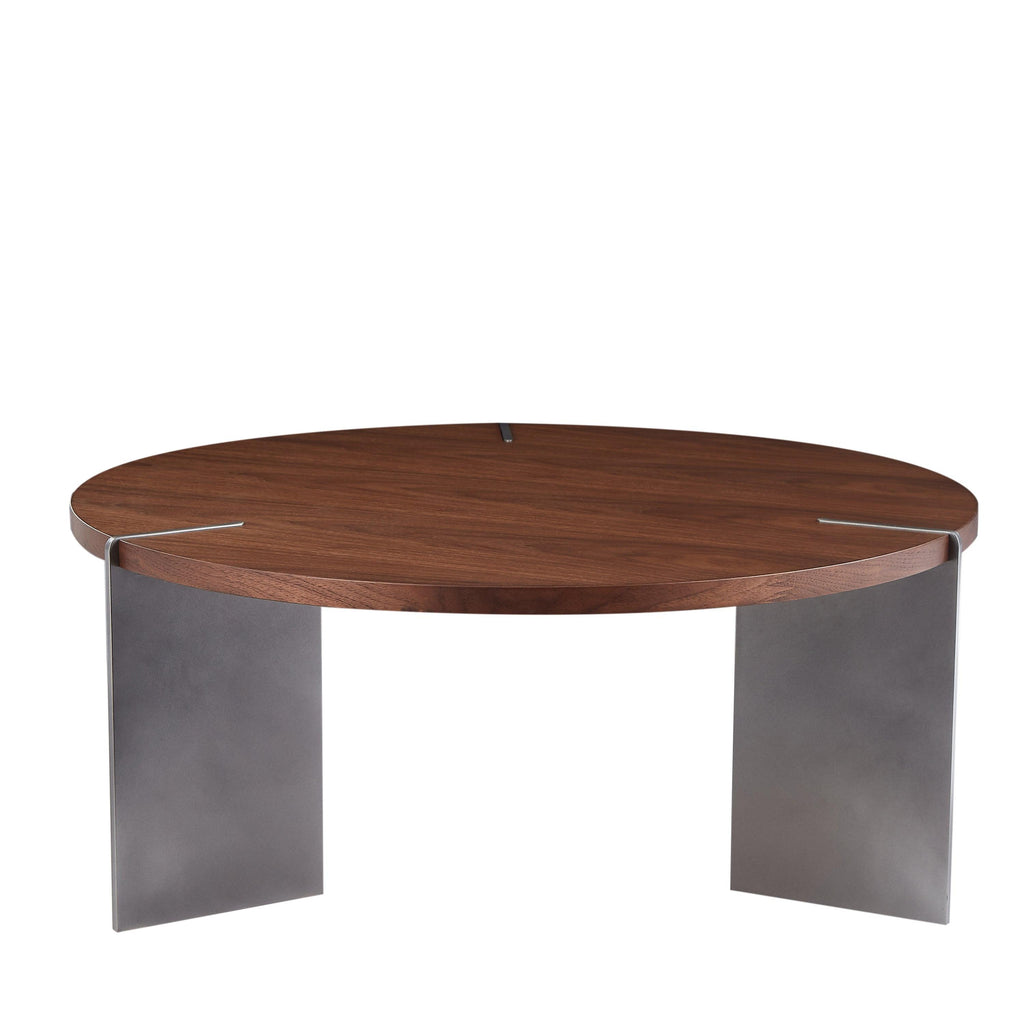 Classic Round Walnut Coffee Table with Black Metal Legs.