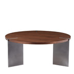 Classic Round Walnut Coffee Table with Black Metal Legs.