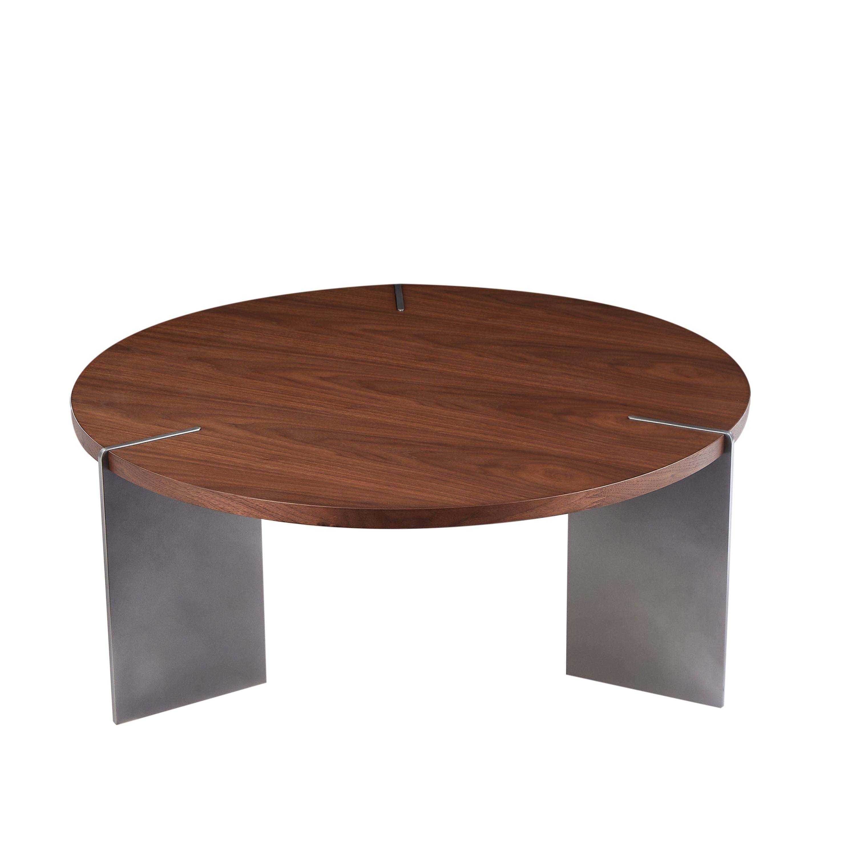 Classic Round Walnut Coffee Table with Black Metal Legs.