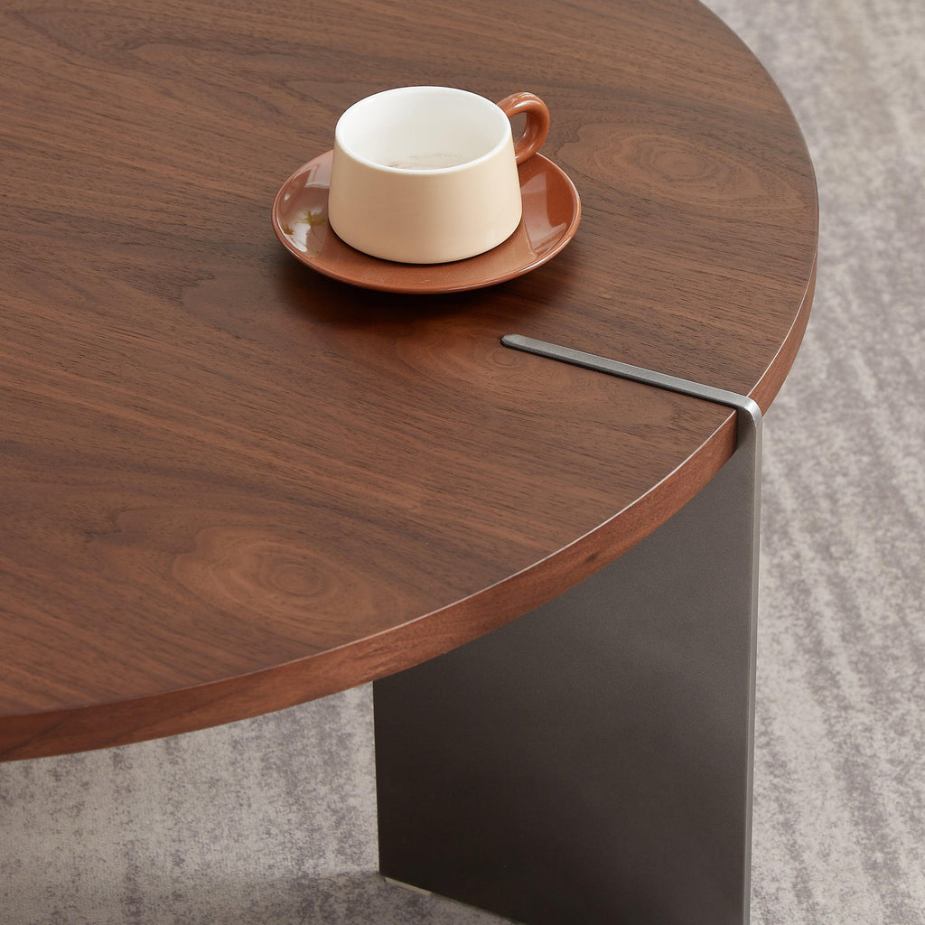 Classic Round Walnut Coffee Table with Black Metal Legs.