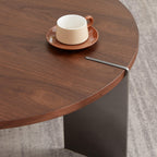Classic Round Walnut Coffee Table with Black Metal Legs.