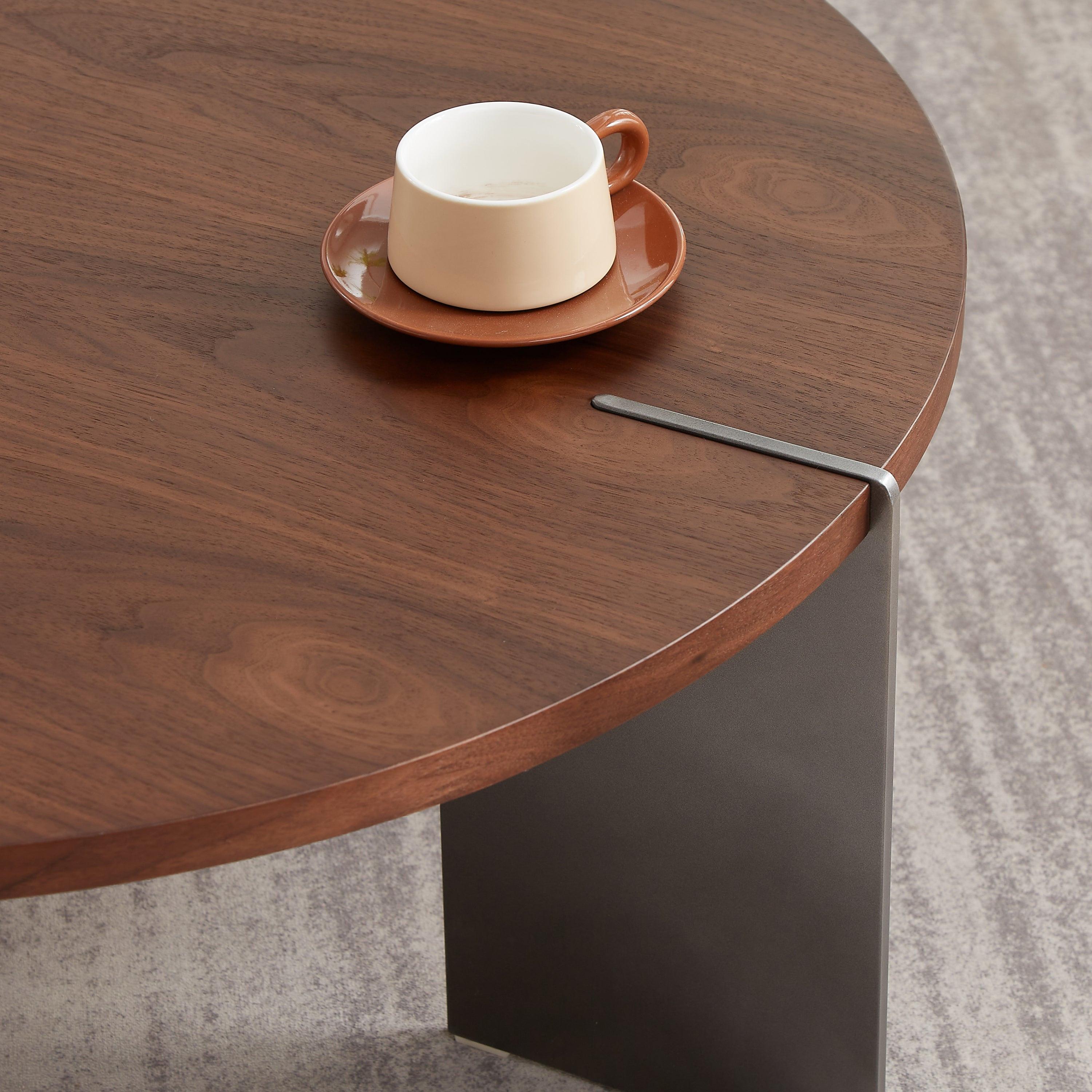 Classic Round Walnut Coffee Table with Black Metal Legs.