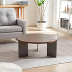 Classic Round Walnut Coffee Table with Black Metal Legs.