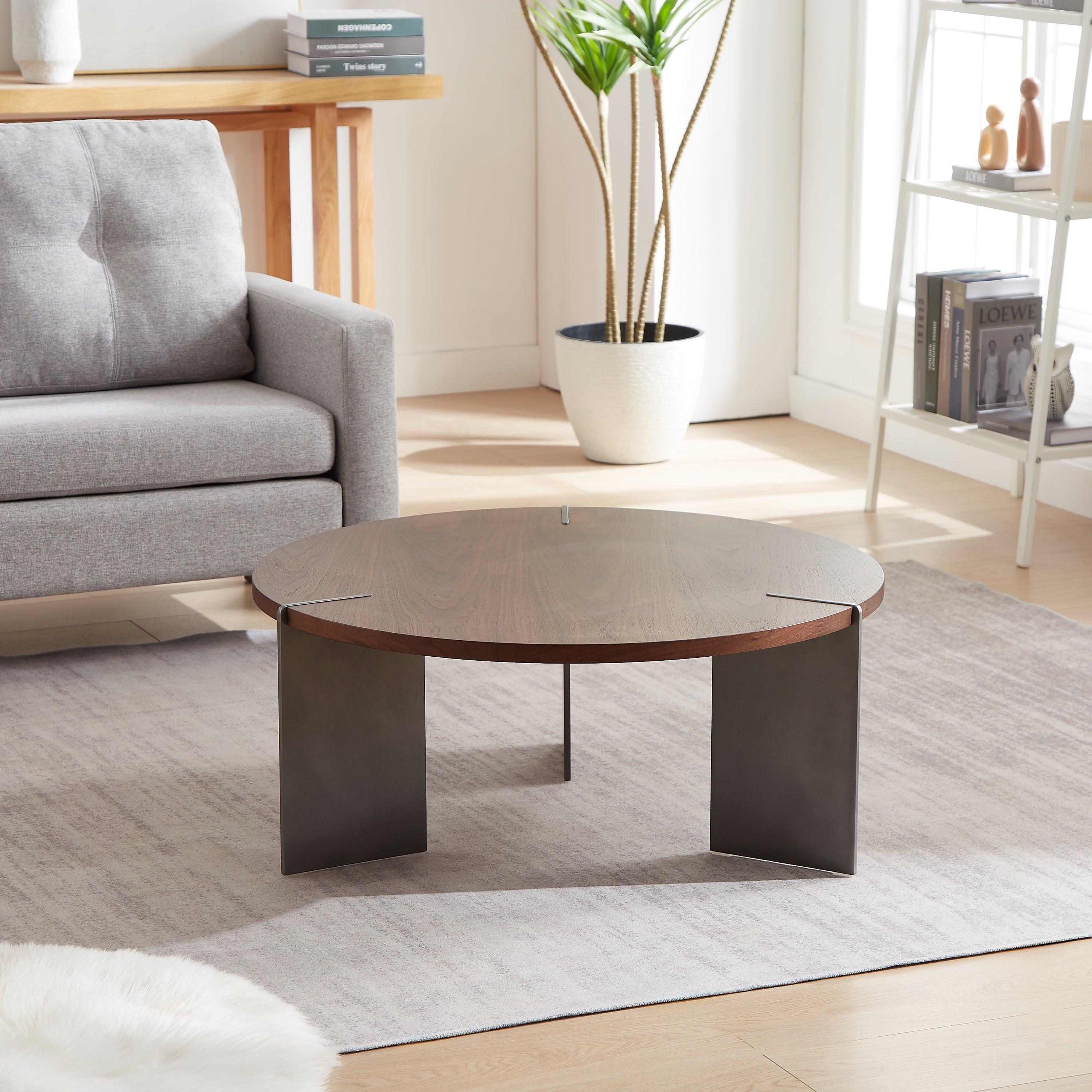 Classic Round Walnut Coffee Table with Black Metal Legs.