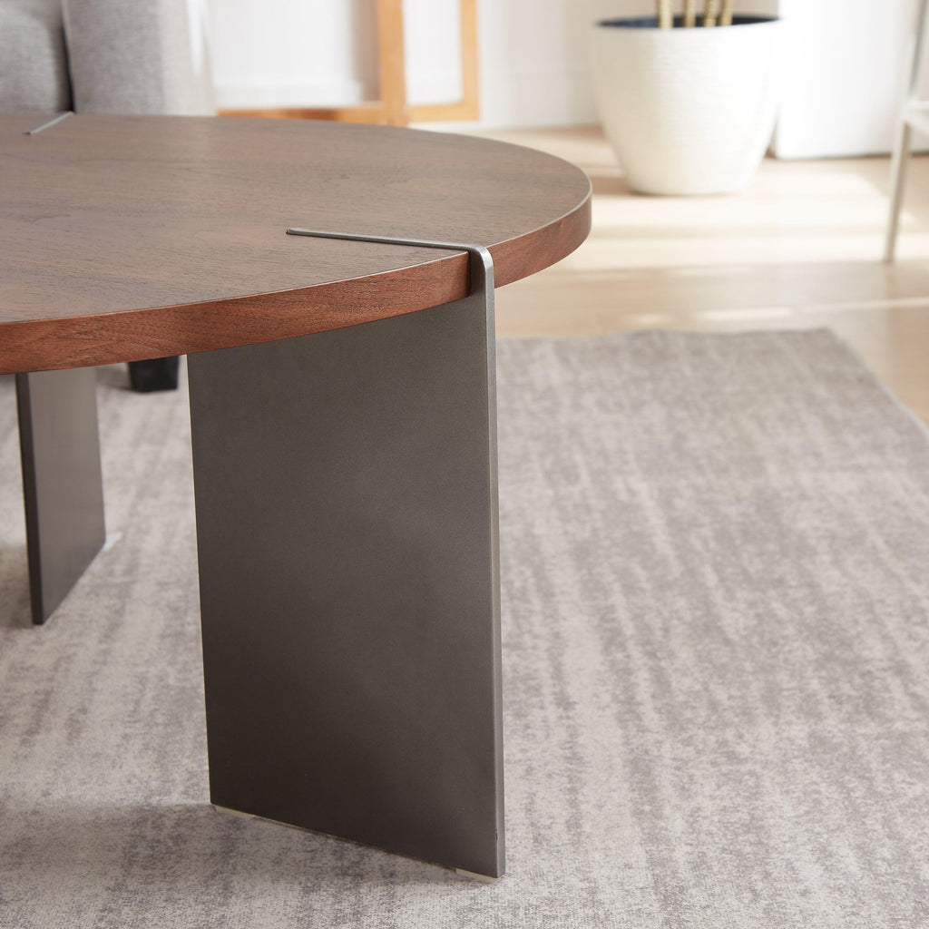 Classic Round Walnut Coffee Table with Black Metal Legs.