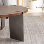 Classic Round Walnut Coffee Table with Black Metal Legs.