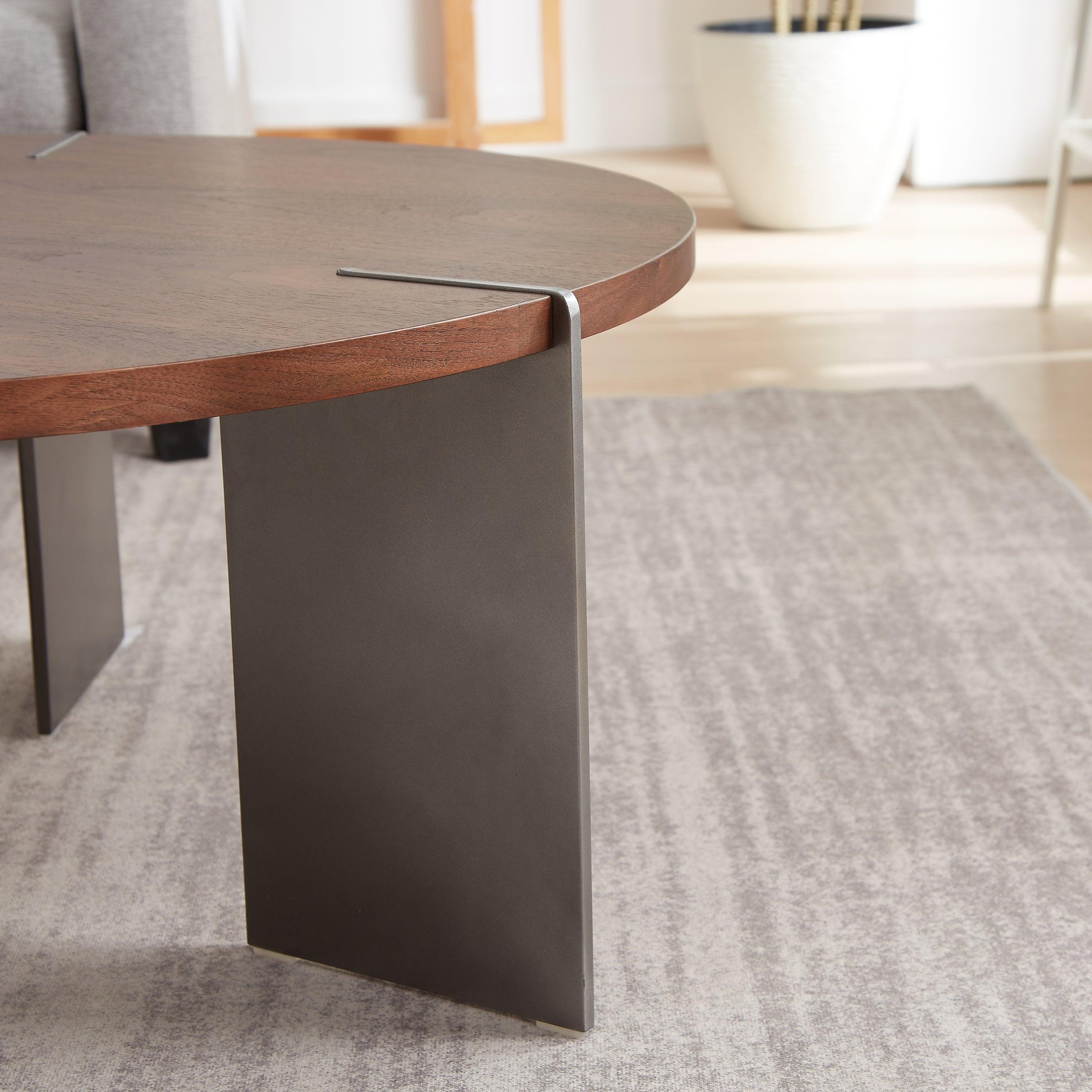 Classic Round Walnut Coffee Table with Black Metal Legs.