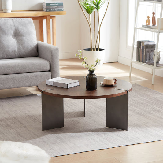 Round Coffee Table Walnut Wood Surface and Black Metel Feet