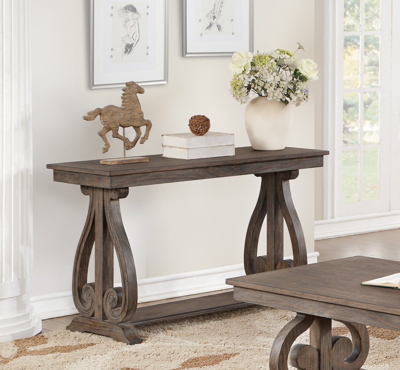 Classic Traditional Sofa Table with Bottom Shelf Dark Oak Finish Scrolled Base Support 1pc Wooden Furniture Living Room