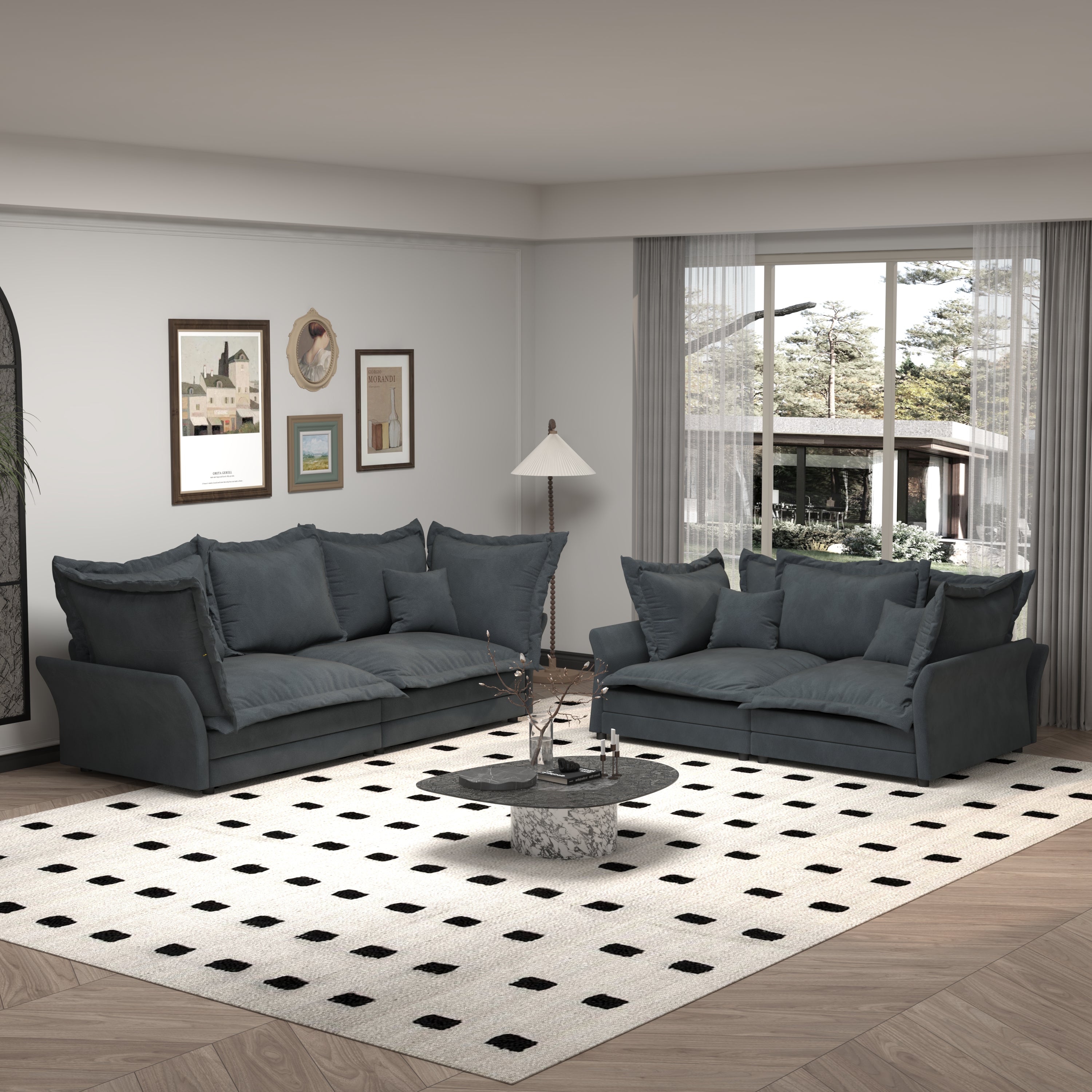 90.55 Modern Comfy Upholstered Sofa Cloud Couch, Deep Seat Couches with Multiple Large Soft Pillows,Convertible Deep Seat Chaise Longue for Living Room Bedroom,Apartment,Office,grey