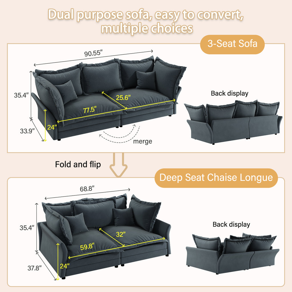 90.55 Modern Comfy Upholstered Sofa Cloud Couch, Deep Seat Couches with Multiple Large Soft Pillows,Convertible Deep Seat Chaise Longue for Living Room Bedroom,Apartment,Office,grey