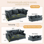 90.55 Modern Comfy Upholstered Sofa Cloud Couch, Deep Seat Couches with Multiple Large Soft Pillows,Convertible Deep Seat Chaise Longue for Living Room Bedroom,Apartment,Office,grey