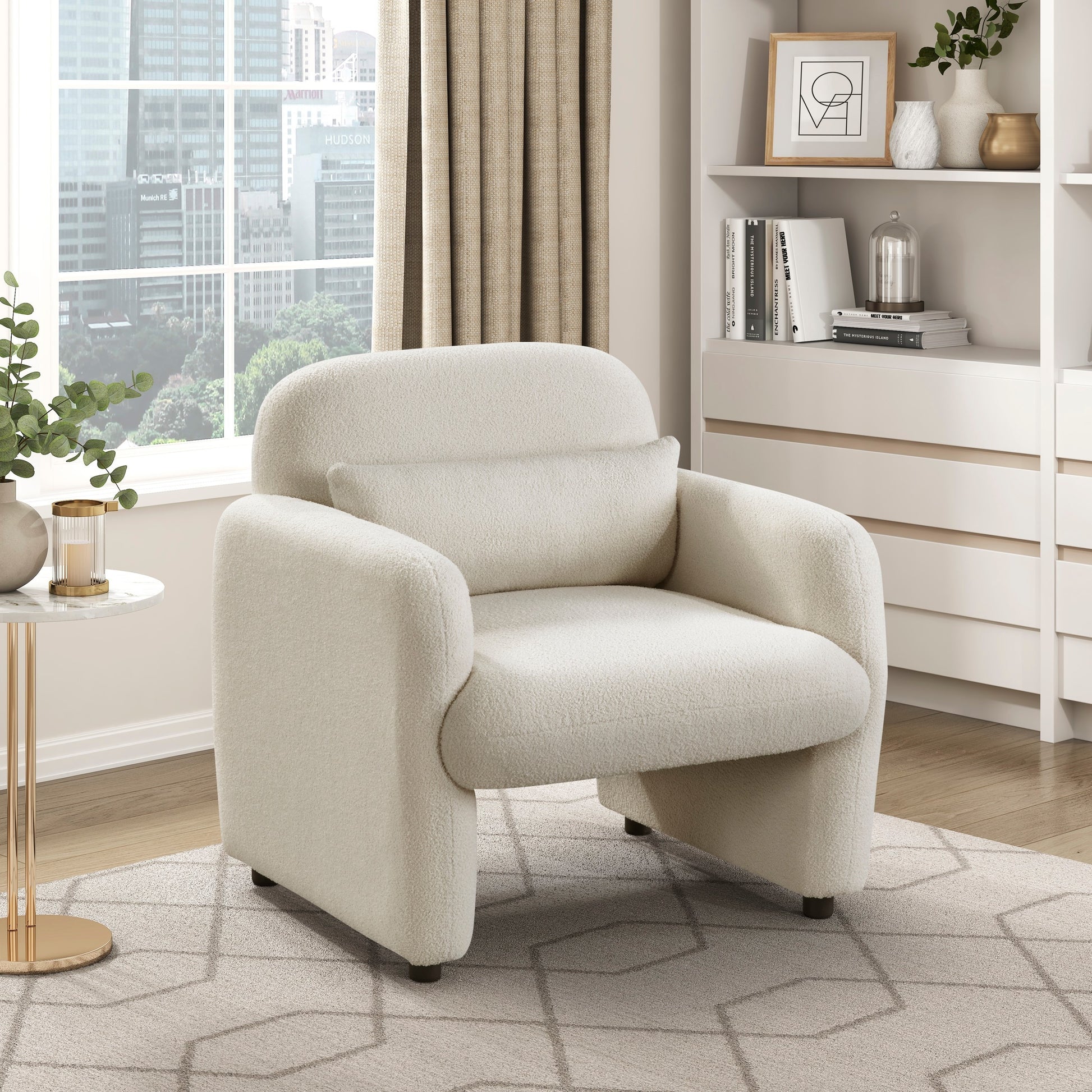 Contemporary Accent Chair Beige Boucle Fabric Upholstery Plywood Frame Pillow Cozy Living Room Furniture 1pc Comfort Chair