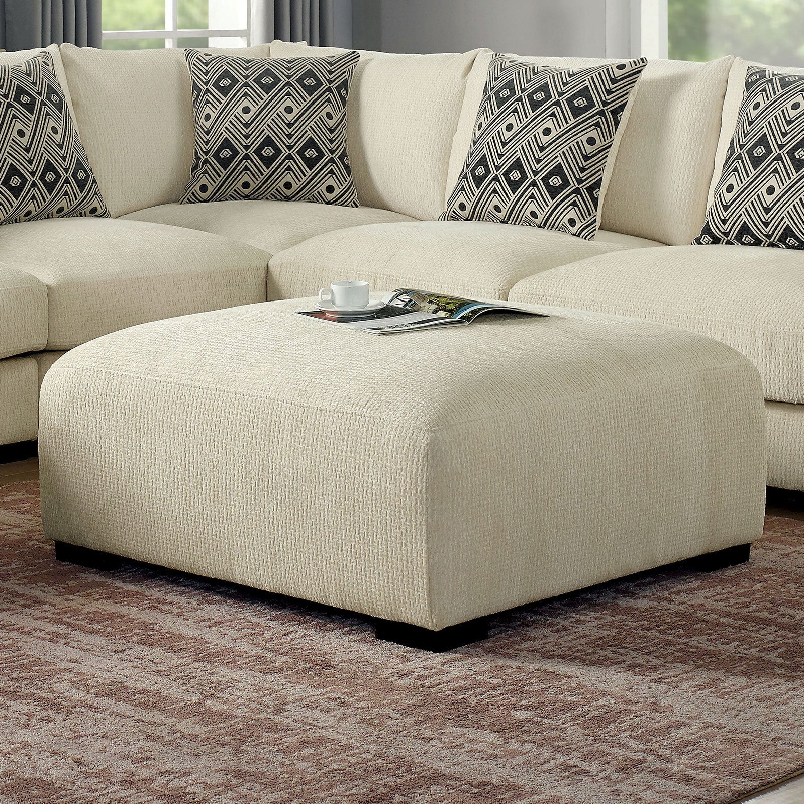 Contemporary Style Square Upholstery Huge Padded Ottoman With Memory Foam Layer Modular Design And Tapered Legs Beige