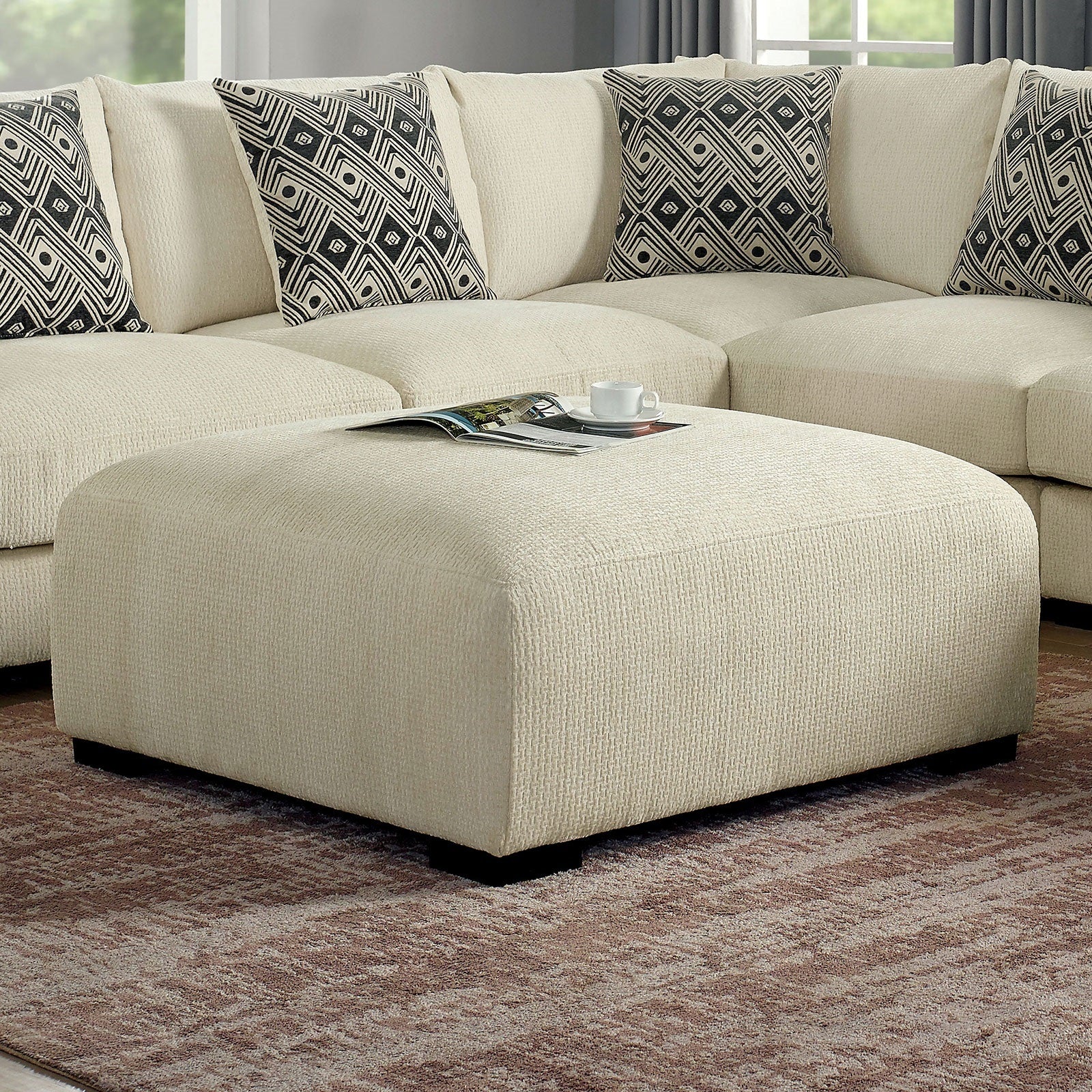 Contemporary Style Square Upholstery Huge Padded Ottoman With Memory Foam Layer Modular Design And Tapered Legs Beige
