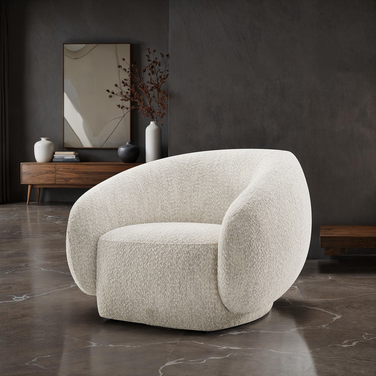 Contemporary Style 1pc Swivel Chair Boucle Upholstered 360 Degree Swivel Base armrest Slope Curved High Density Foam Beige Finish Accent Chair