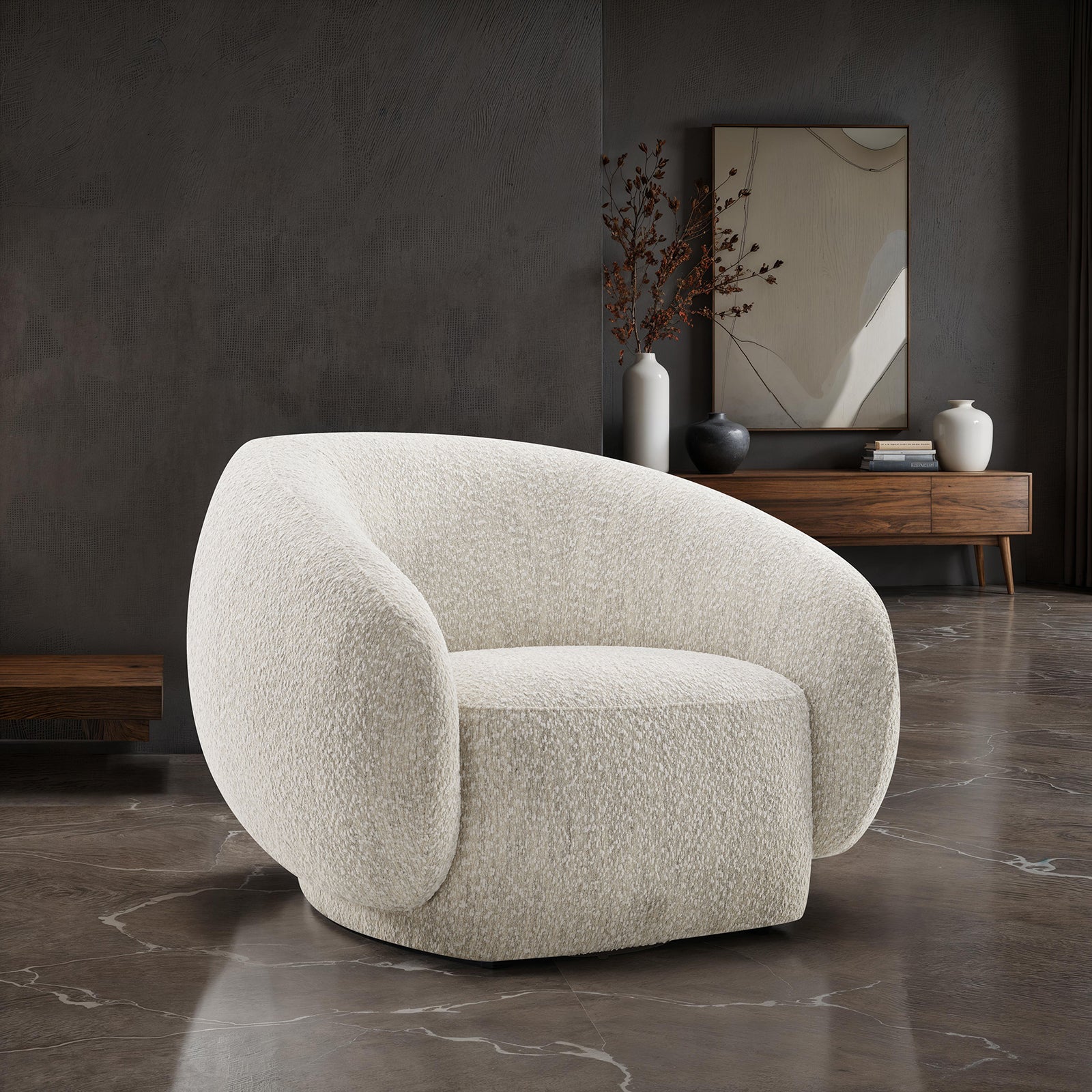 Contemporary Style 1pc Swivel Chair Boucle Upholstered 360 Degree Swivel Base armrest Slope Curved High Density Foam Beige Finish Accent Chair