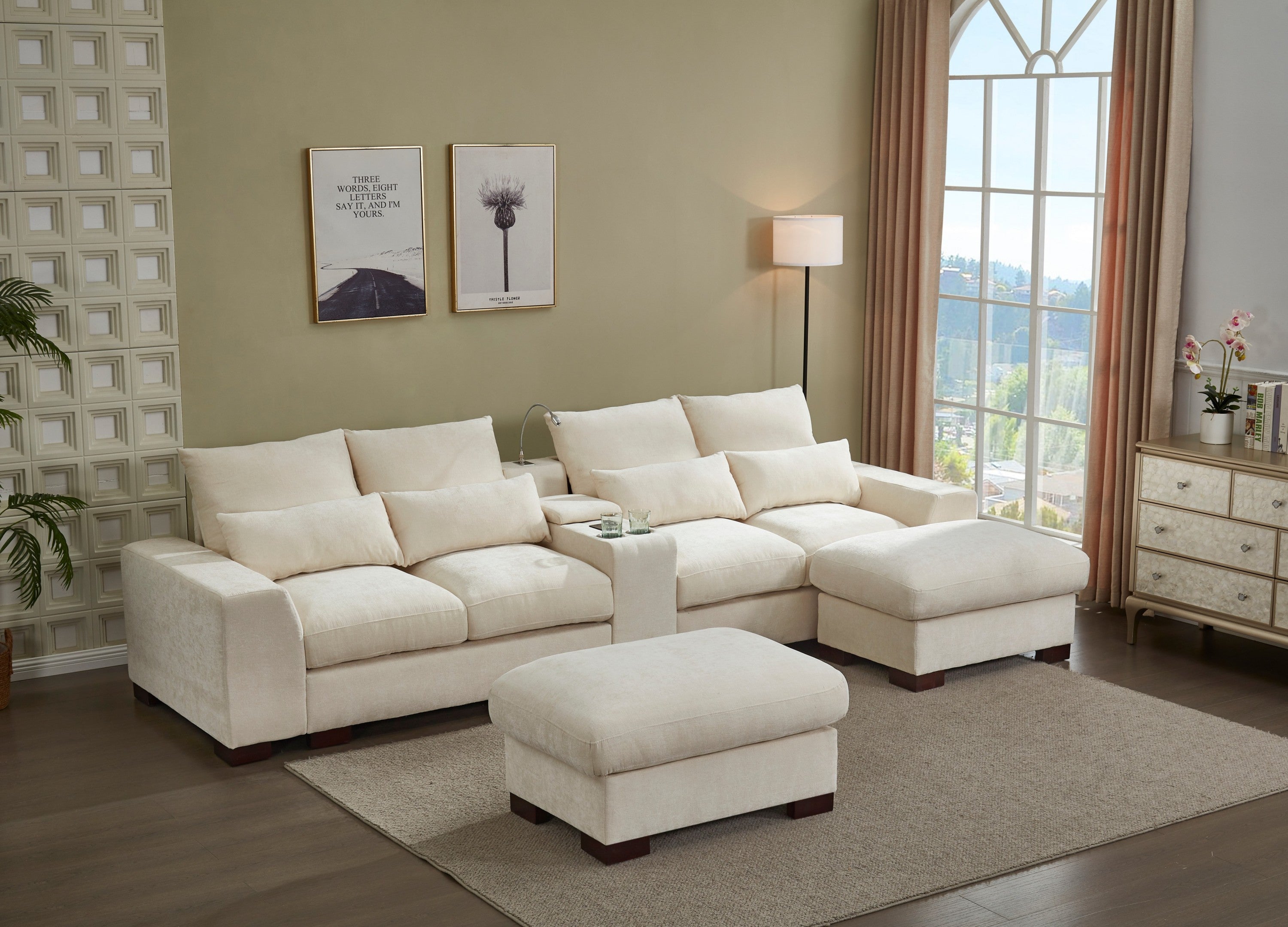 Modern Sectional Sofa Couch with Console,USB Charging Port,Reading Light,Cup Holder, Beige