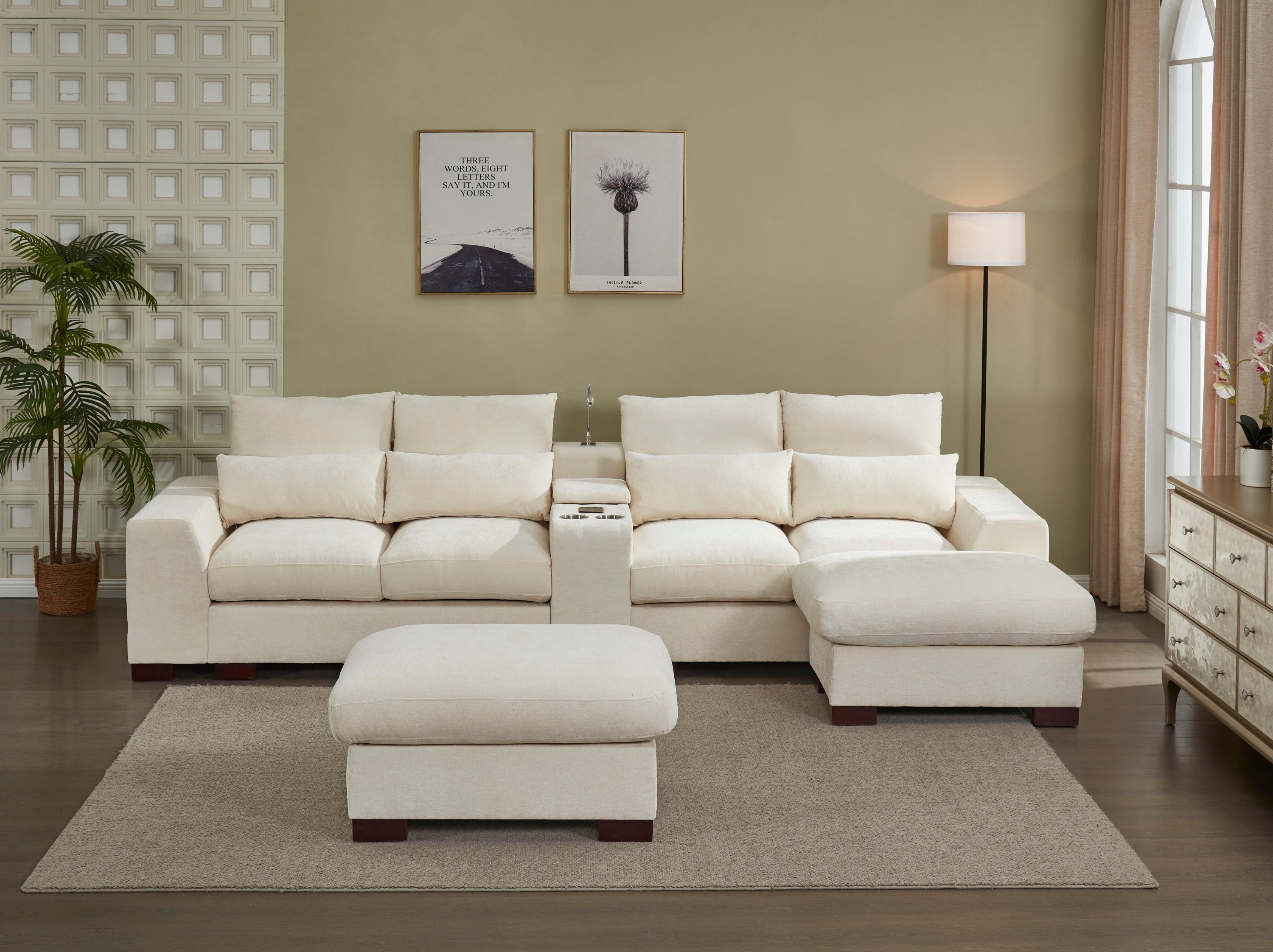 Modern Sectional Sofa Couch with Console,USB Charging Port,Reading Light,Cup Holder, Beige