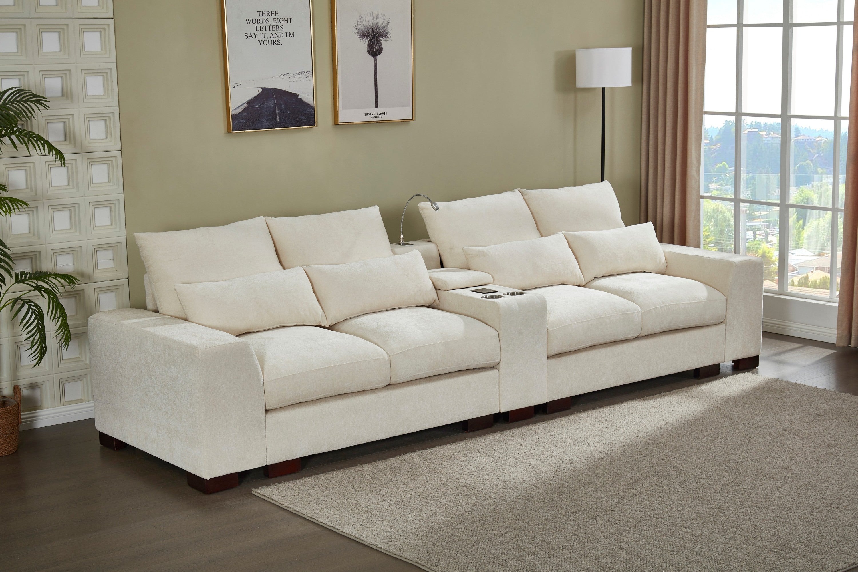 Modern Sectional Sofa Couch with Console,USB Charging Port,Reading Light,Cup Holder, Beige