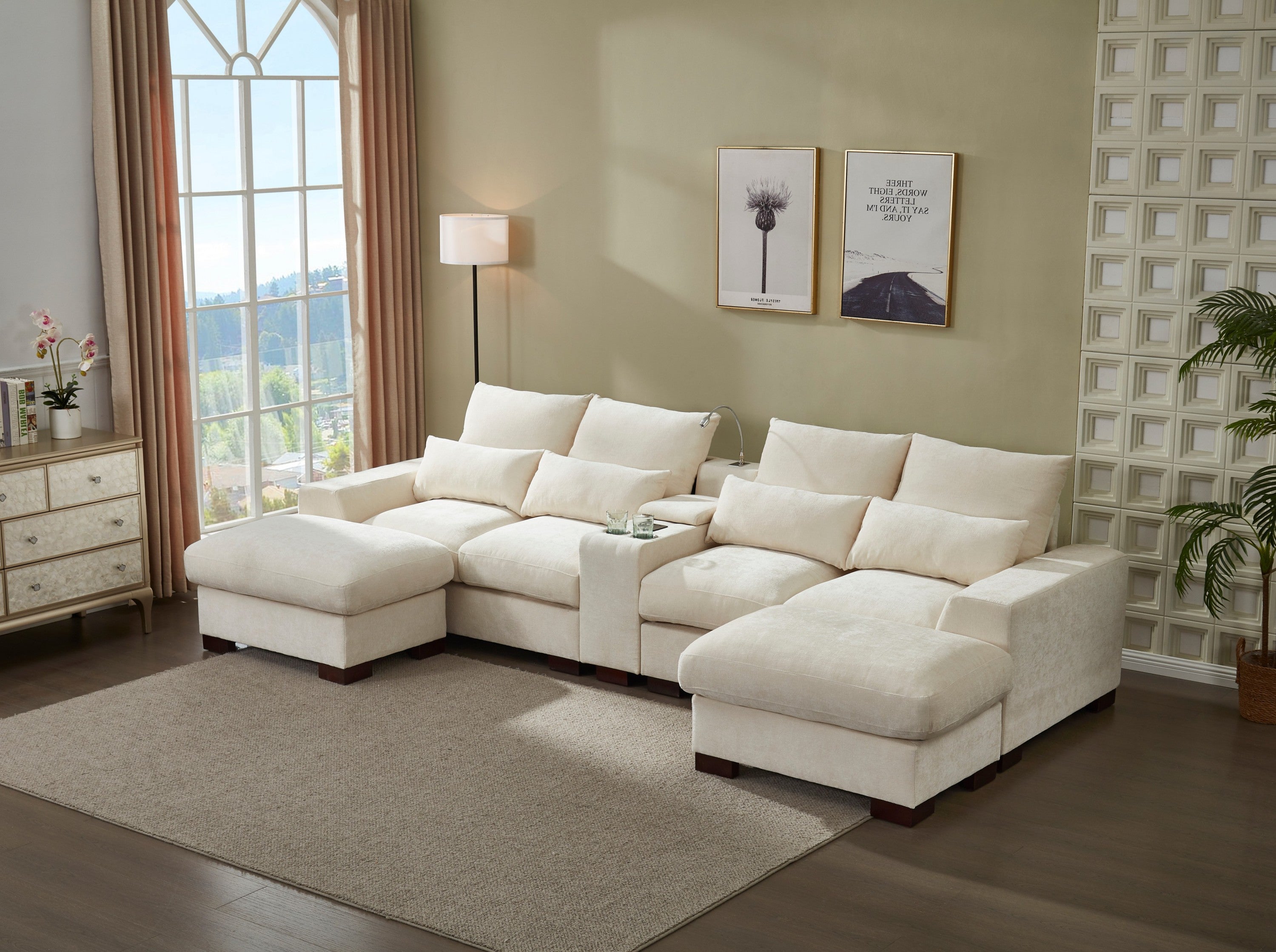 Modern Sectional Sofa Couch with Console,USB Charging Port,Reading Light,Cup Holder, Beige