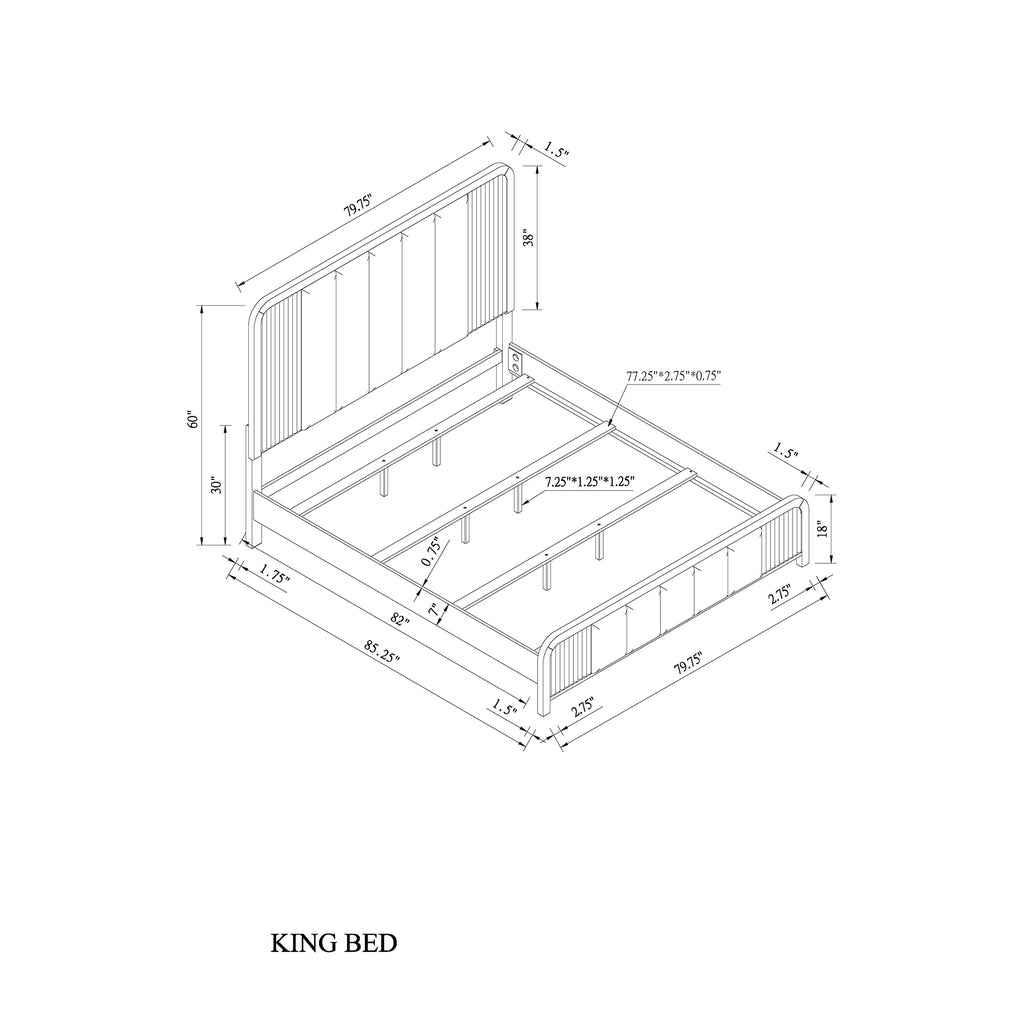 Beverly Black and White King Bed with Fluted Detailing, Partially Upholstered Headboard and Footboard, Low Profile Design in Rubber Wood Bed Frame