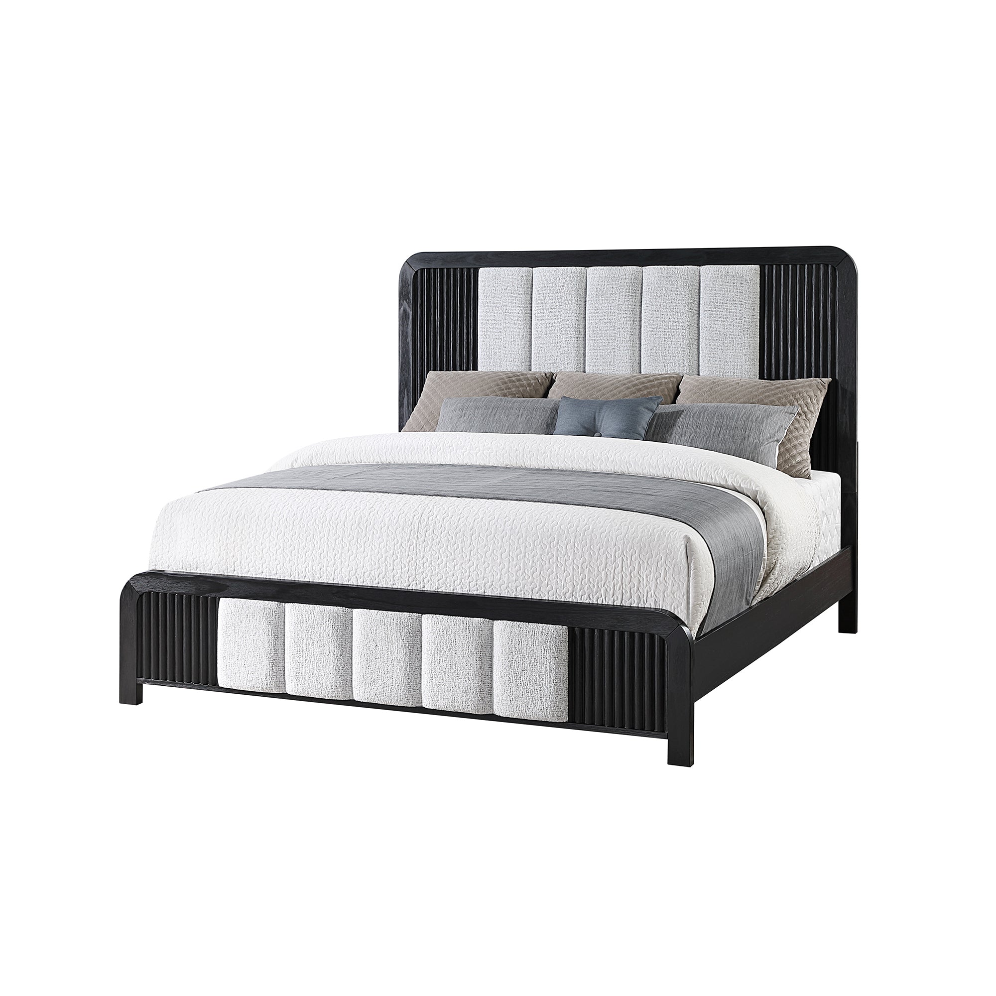 Beverly Black and White King Bed with Fluted Detailing, Partially Upholstered Headboard and Footboard, Low Profile Design in Rubber Wood Bed Frame