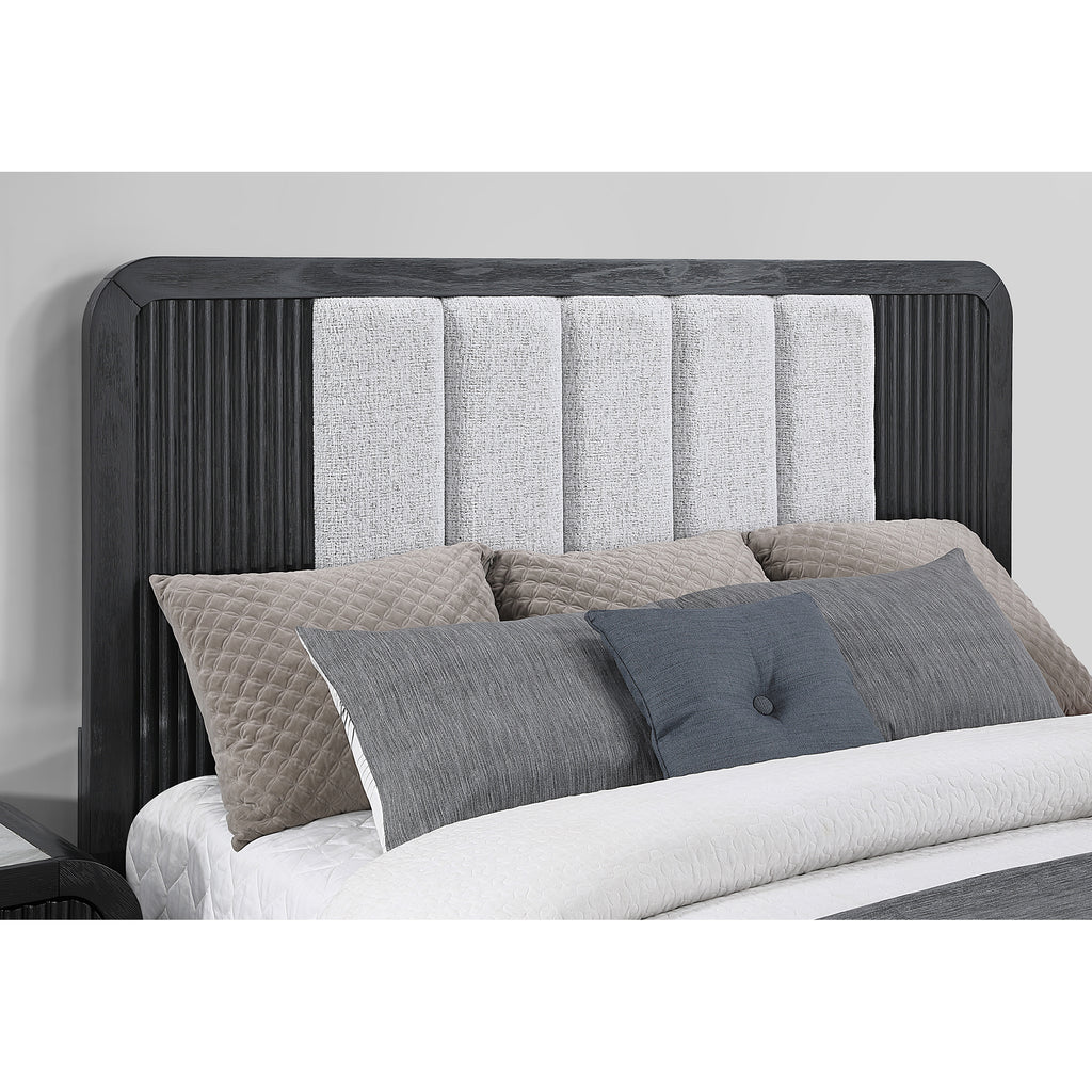 Beverly Black and White King Bed with Fluted Detailing, Partially Upholstered Headboard and Footboard, Low Profile Design in Rubber Wood Bed Frame