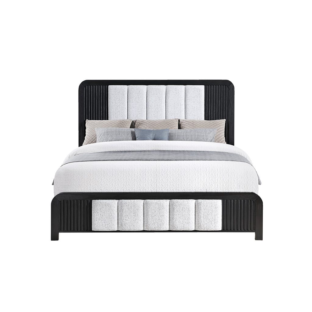 Beverly Black and White King Bed with Fluted Detailing, Partially Upholstered Headboard and Footboard, Low Profile Design in Rubber Wood Bed Frame