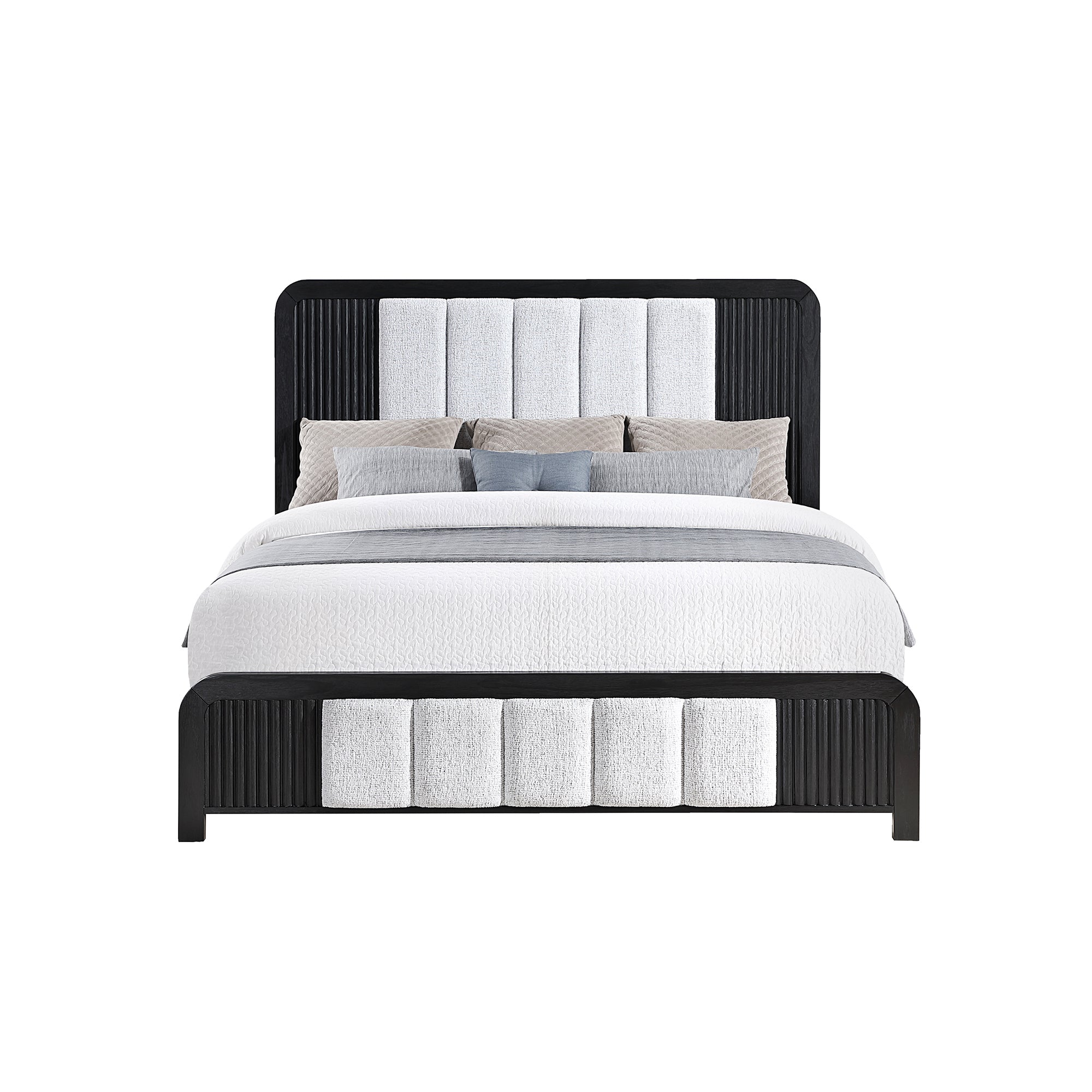 Beverly Black and White King Bed with Fluted Detailing, Partially Upholstered Headboard and Footboard, Low Profile Design in Rubber Wood Bed Frame