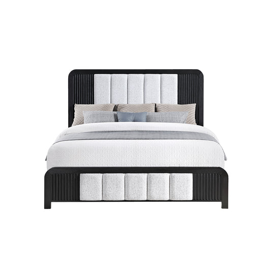 Beverly Black and White King Bed with Fluted Detailing, Partially Upholstered Headboard and Footboard, Low Profile Design in Rubber Wood Bed Frame
