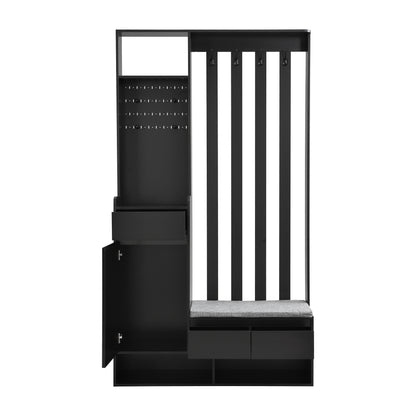 ON-TREND Contemporary 39.3''Wx70.8''H Hall Tree Storage with Cushioned Storage Bench, Multifunctional Hallway Shoe Cabinet with Pegboard, Modern Coat Rack with 4 Hooks for Entryway, Mudroom, Black Hall Tree