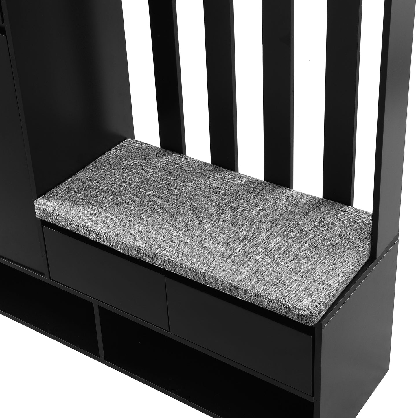 ON-TREND Contemporary 39.3''Wx70.8''H Hall Tree Storage with Cushioned Storage Bench, Multifunctional Hallway Shoe Cabinet with Pegboard, Modern Coat Rack with 4 Hooks for Entryway, Mudroom, Black Hall Tree
