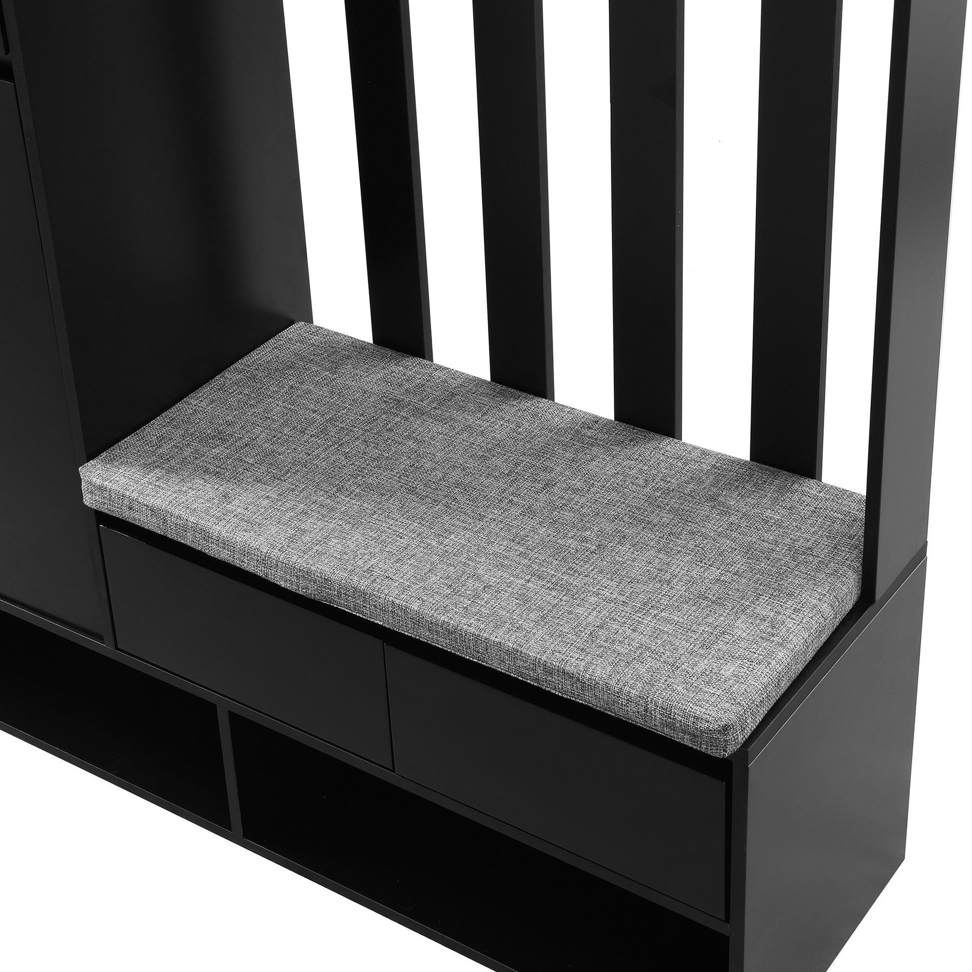ON-TREND Contemporary 39.3''Wx70.8''H Hall Tree Storage with Cushioned Storage Bench, Multifunctional Hallway Shoe Cabinet with Pegboard, Modern Coat Rack with 4 Hooks for Entryway, Mudroom, Black Hall Tree
