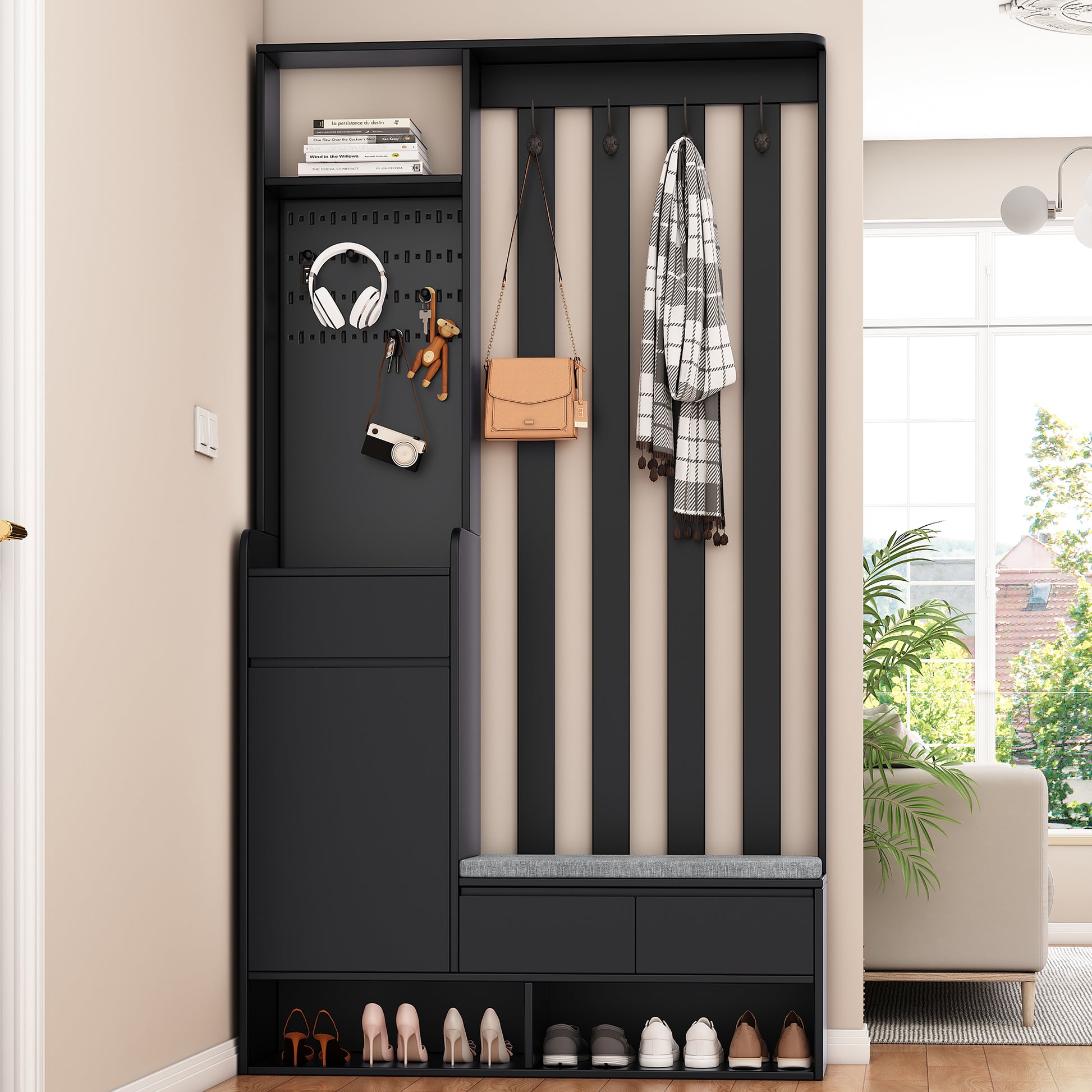 ON-TREND Contemporary 39.3''Wx70.8''H Hall Tree Storage with Cushioned Storage Bench, Multifunctional Hallway Shoe Cabinet with Pegboard, Modern Coat Rack with 4 Hooks for Entryway, Mudroom, Black Hall Tree
