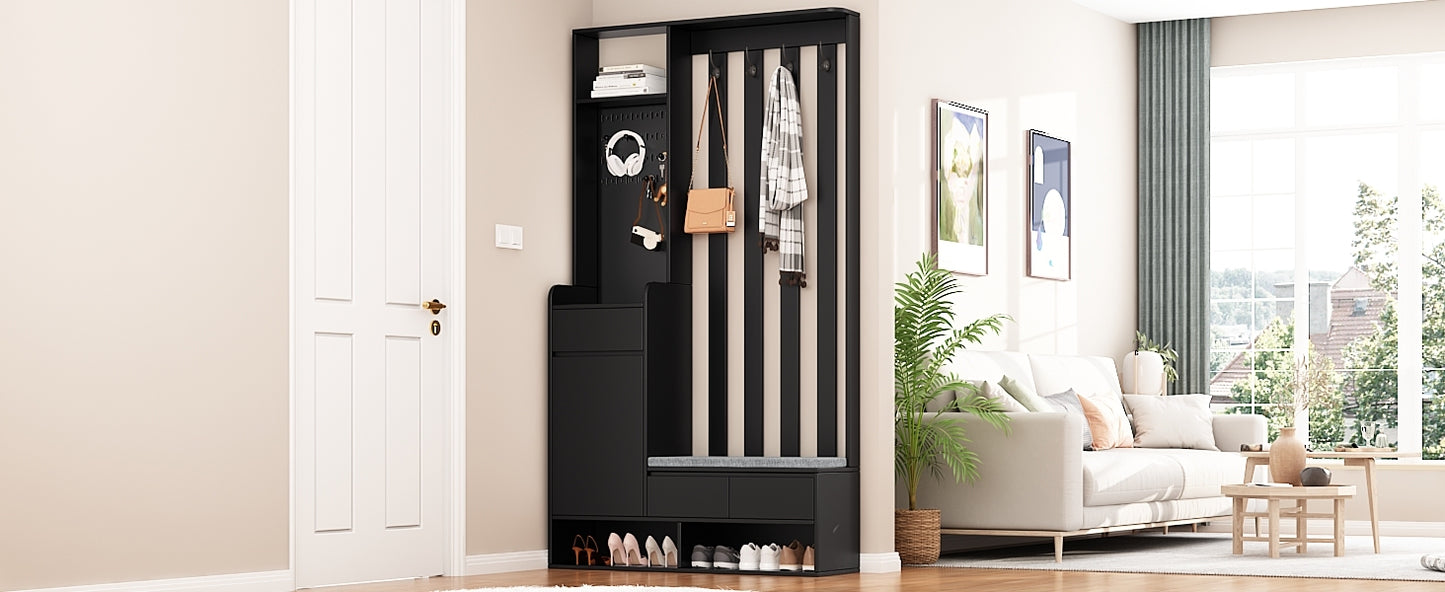 ON-TREND Contemporary 39.3''Wx70.8''H Hall Tree Storage with Cushioned Storage Bench, Multifunctional Hallway Shoe Cabinet with Pegboard, Modern Coat Rack with 4 Hooks for Entryway, Mudroom, Black Hall Tree
