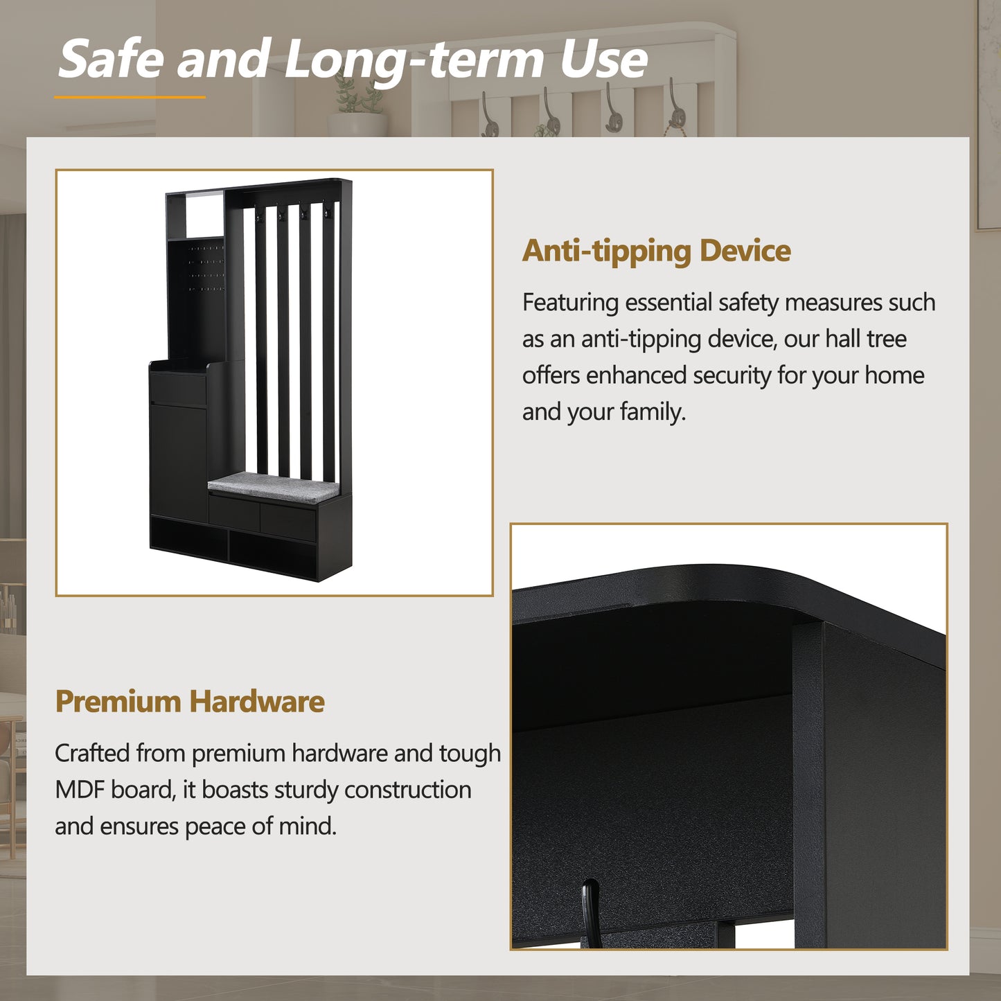 ON-TREND Contemporary 39.3''Wx70.8''H Hall Tree Storage with Cushioned Storage Bench, Multifunctional Hallway Shoe Cabinet with Pegboard, Modern Coat Rack with 4 Hooks for Entryway, Mudroom, Black Hall Tree