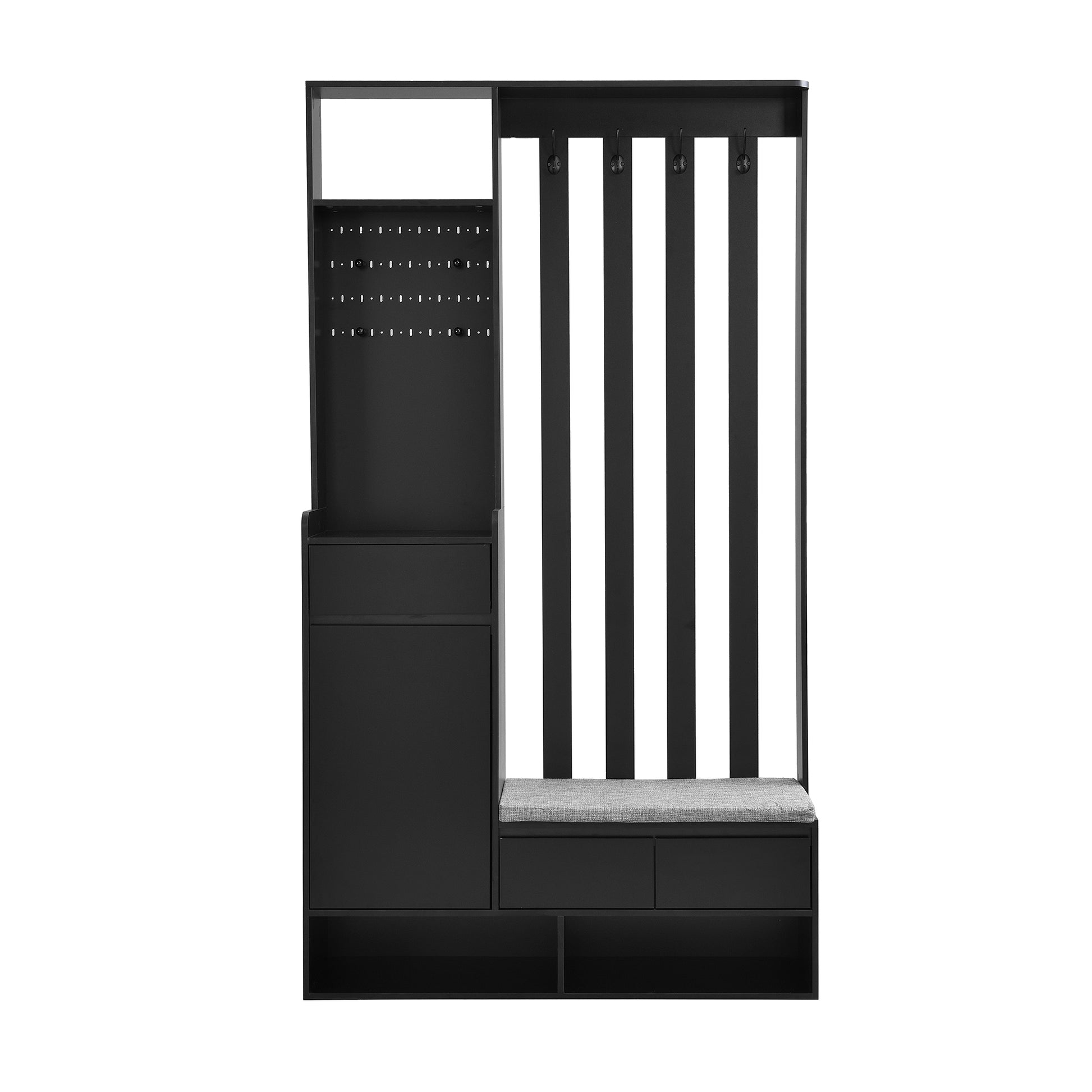 ON-TREND Contemporary 39.3''Wx70.8''H Hall Tree Storage with Cushioned Storage Bench, Multifunctional Hallway Shoe Cabinet with Pegboard, Modern Coat Rack with 4 Hooks for Entryway, Mudroom, Black Hall Tree