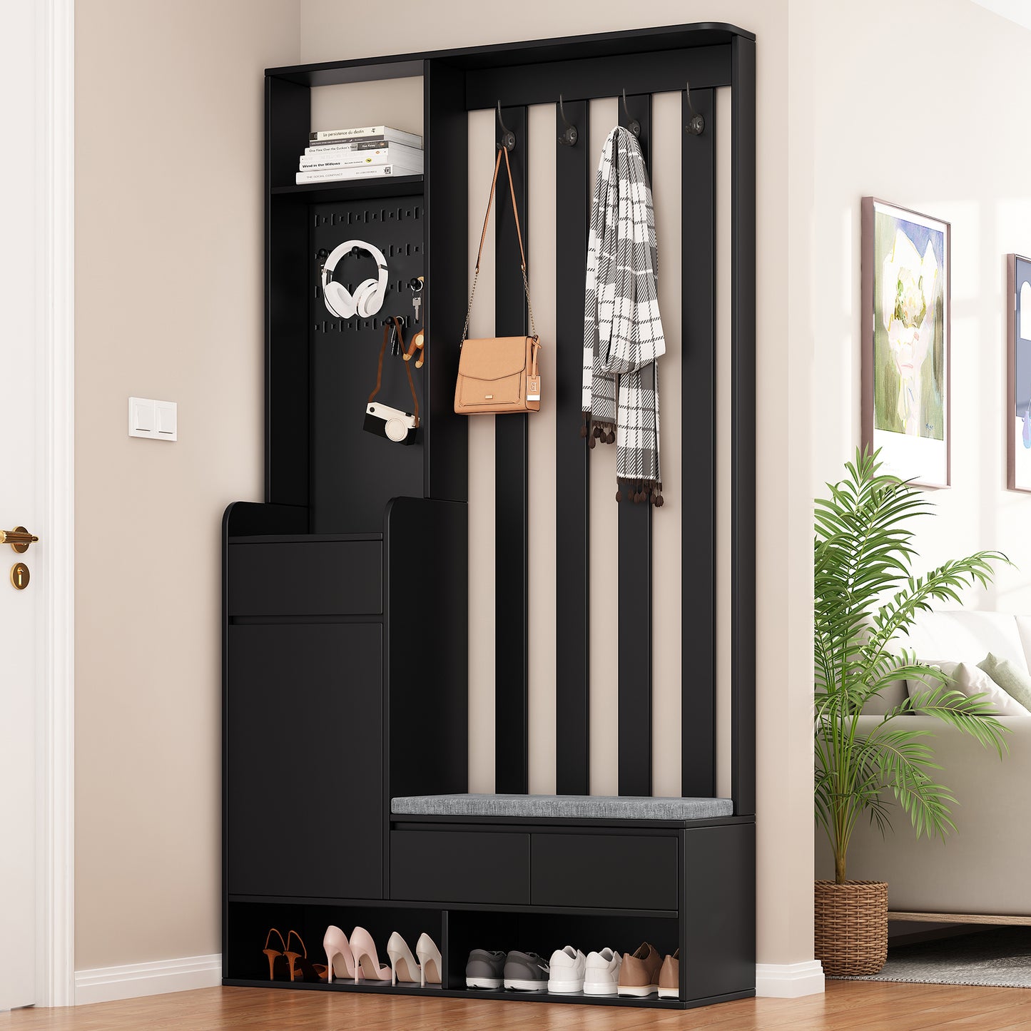 ON-TREND Contemporary 39.3''Wx70.8''H Hall Tree Storage with Cushioned Storage Bench, Multifunctional Hallway Shoe Cabinet with Pegboard, Modern Coat Rack with 4 Hooks for Entryway, Mudroom, Black Hall Tree