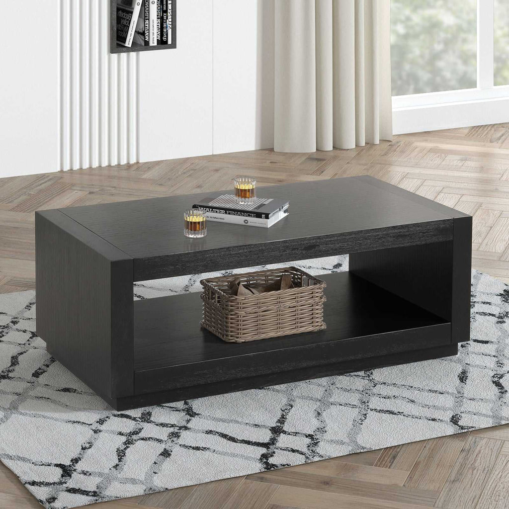 Contemporary Style Rectangle Coffee Table Plinth Base Open Bottom shelf Black Finish Primary Living Room Coffee Table