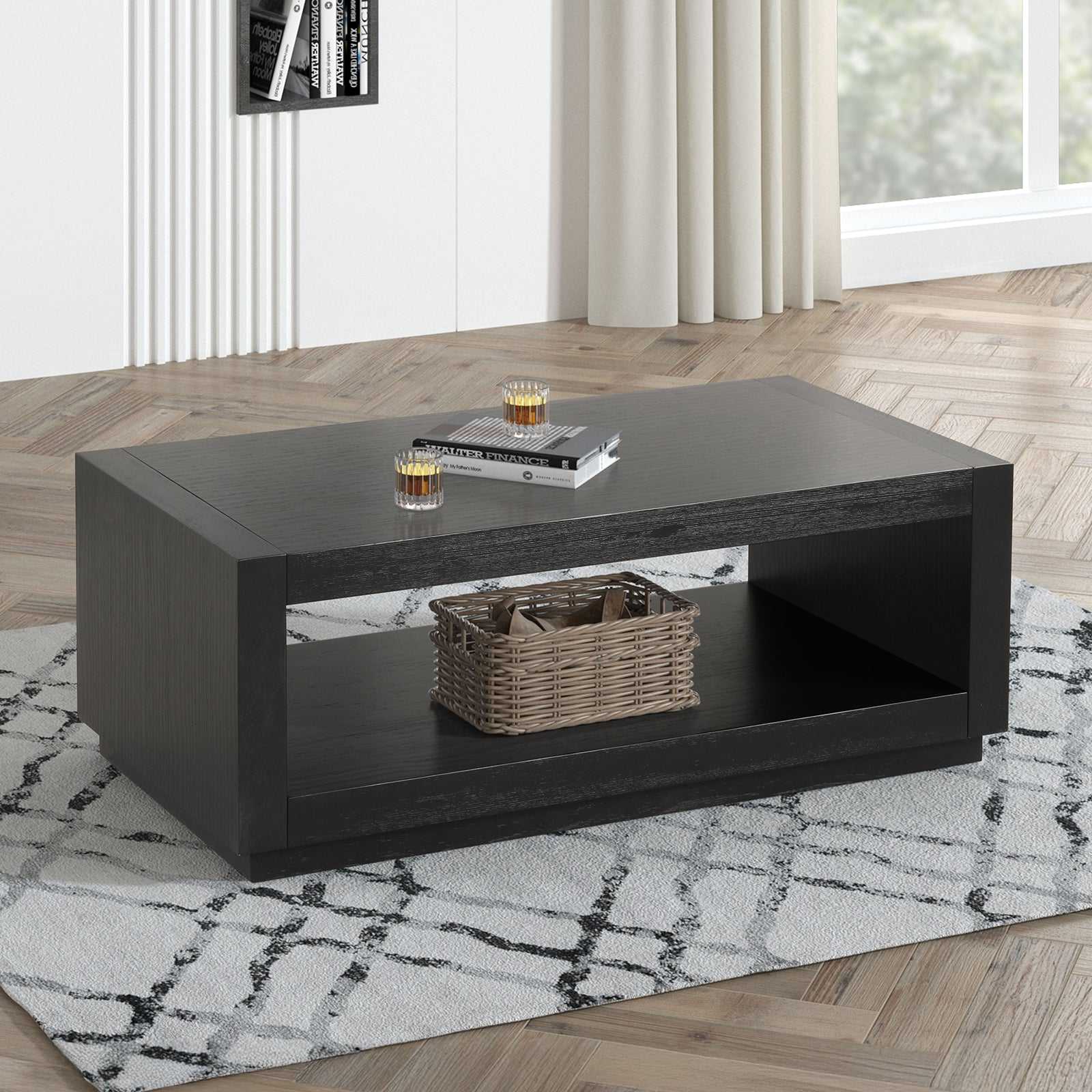 Contemporary Style Rectangle Coffee Table Plinth Base Open Bottom shelf Black Finish Primary Living Room Coffee Table
